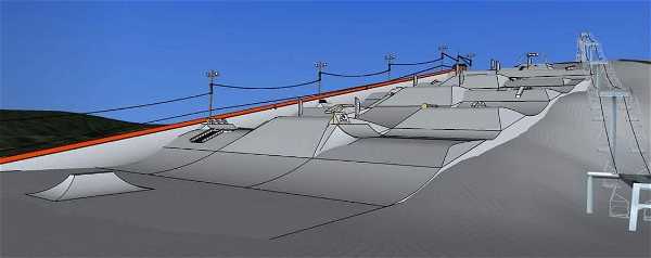 Illustration of a large snow park with multiple features, including ramps, rails, and jumps, under a clear blue sky.