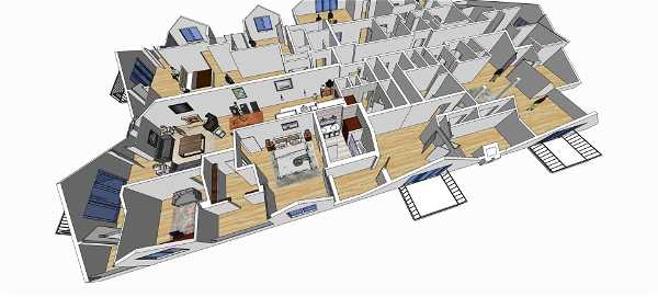 3D rendering of a multi-room interior layout with various rooms, including bedrooms, living areas, and a kitchen. The design features wooden flooring and some furniture pieces. The perspective shows a detailed floor plan from an angled overhead view.