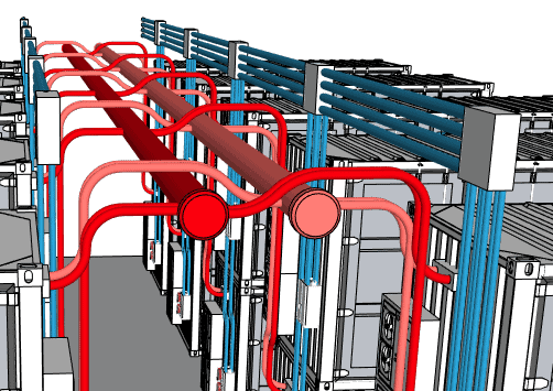 A 3D rendering of a piping and plumbing design model showing interconnected red and blue pipes within a structural framework, representing a complex piping system.