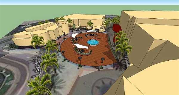 A computer-rendered image of a courtyard area surrounded by tan buildings. The courtyard features a circular layout with a small central pool or fountain, shaded seating areas with white canopies, tables with chairs, palm trees, and lamp posts around the perimeter.