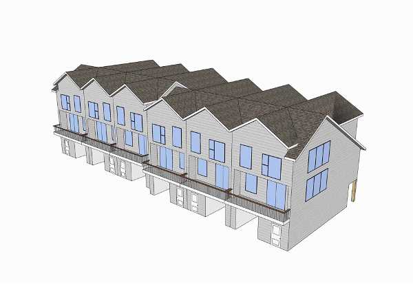 A 3D architectural rendering of a row of connected three-story townhouses. The buildings have gabled roofs and large blue-tinted windows on the second floor. There are balconies with railings extending from the second floor and garages on the ground level