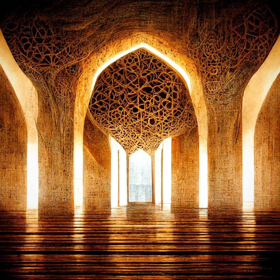 Intricately designed architectural interior featuring arched doorways and elaborate geometric patterns on the ceiling, with sunlight illuminating the space, creating reflections on the polished floor.