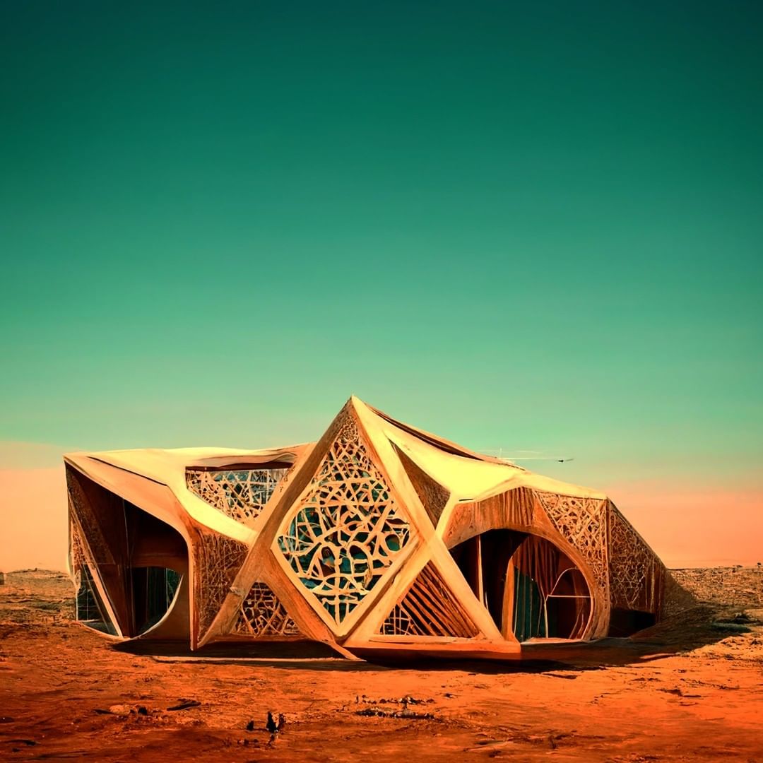 Futuristic architectural structure in a desert landscape, featuring geometric shapes and intricate lattice designs, under a teal sky.