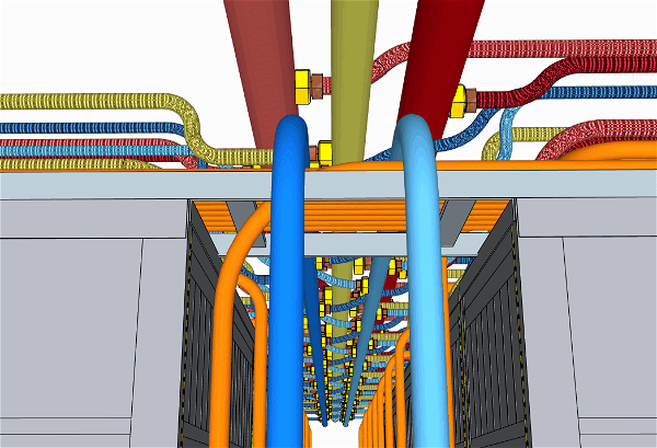 A detailed 3D rendering of a piping and plumbing system with various colored pipes, including red, blue, yellow, and green, running through a structured environment. The pipes are arranged in an organized manner, connected with fittings, and appear to be