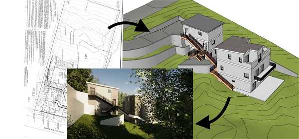 A composite image showing the progression from an architectural blueprint to a 3D model and then to a real-life scene of a house built on a sloped terrain. The blueprint is on the left, a 3D digital model of the house is