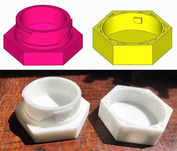 Two digital designs are shown above, with a pink cylindrical object on a hexagonal base and a yellow cylindrical object with a geometric design. Below are two physical versions of similar designs, made from a white material, placed on a wooden surface.