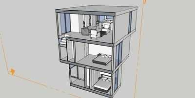 A 3D architectural model of a three-story building. Each floor shows a layout with furniture, including beds and a living area, visible through large windows. The design features modern, minimalist elements.