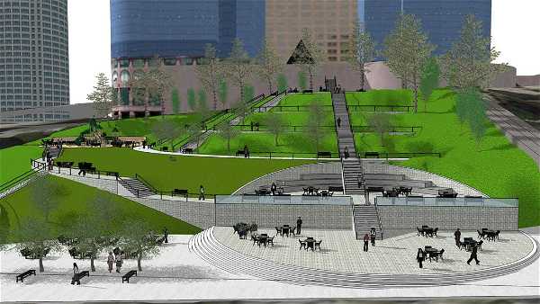 A computer-generated rendering of an urban park with multiple terraces. The park features green grass, trees, and numerous outdoor seating areas with tables and benches. Central staircases connect the terraced levels and lead to a large plaza at the bottom. In the