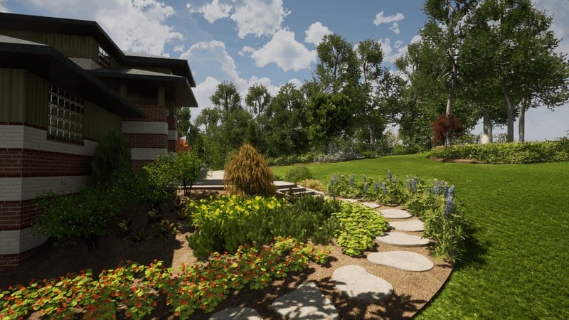 A lush garden landscape featuring a stone pathway surrounded by a variety of plants and flowers. The scene includes trees in the background and part of a brick and wood building on the left, under a partly cloudy sky.