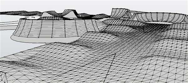 A 3D wireframe model of a landscape featuring various elevations and contours. The grid lines create a mesh that outlines hills, valleys, and plateaus, illustrating the topography of the terrain.