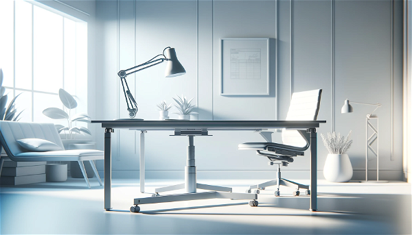 A modern office space showcasing a sleek, adjustable table with clean lines and a minimalist design. The table includes a black tabletop and metal legs. There is an ergonomic office chair with a white seat and backrest positioned in front of the table. On the