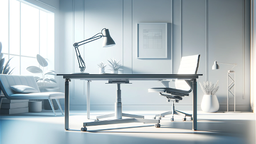 A modern office space showcasing a sleek, adjustable table with clean lines and a minimalist design. The table includes a black tabletop and metal legs. There is an ergonomic office chair with a white seat and backrest positioned in front of the table. On the