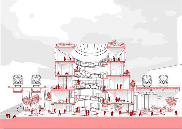 Cutaway architectural illustration of a multi-story building with red accents, showcasing various floor levels connected by spiral staircases. The design includes open spaces with people interacting, greenery on balconies, and elevated structures with stylized faces. The environment features pathways and trees