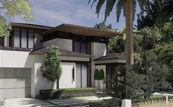 Modern two-story house surrounded by lush greenery and palm trees, featuring large windows and a sleek design.