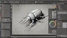 A computer screen displaying 3D modeling software with a detailed wireframe model of a beetle. The interface shows various tool panels and editing options used in digital design and animation.