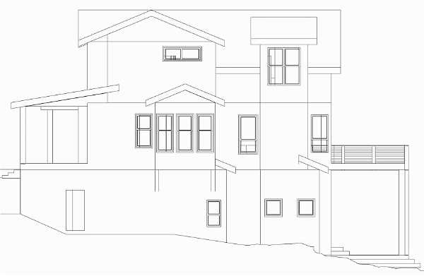 A detailed elevation drawing of a multi-level house with multiple roof sections, various window shapes, and a raised deck area on the right side. The house includes several protruding and recessed elements, creating a complex facade. The ground slopes from the left to