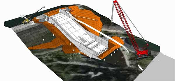 A digital rendering of a construction site for the Goose Pasture Dam. The rendering shows a structured layout of the dam, including large white concrete sections and some areas highlighted in orange to possibly indicate different materials or construction stages. There is a large red crane