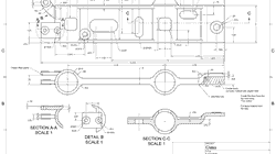 Technical drawing of a mechanical component with multiple views and sections. Includes dimensions, diameters, and details for manufacturing. Features sections A-A, B, and C-C, detailing cross-sections of the component. Annotations provide instructions on creating an offset