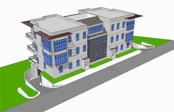 A 3D architectural rendering of a modern three-story building with large blue-tinted windows. The structure has multiple balconies on each side and is painted a light color with dark accents. The building is situated on a plot of land with green spaces surrounding