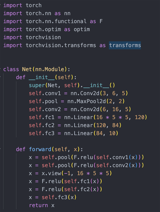 Python code for a neural network using PyTorch. It includes imports for torch, torchvision, and related modules. The class `Net` extends `nn.Module`, defining an initialization method with two convolutional layers `conv1` and `conv2`,