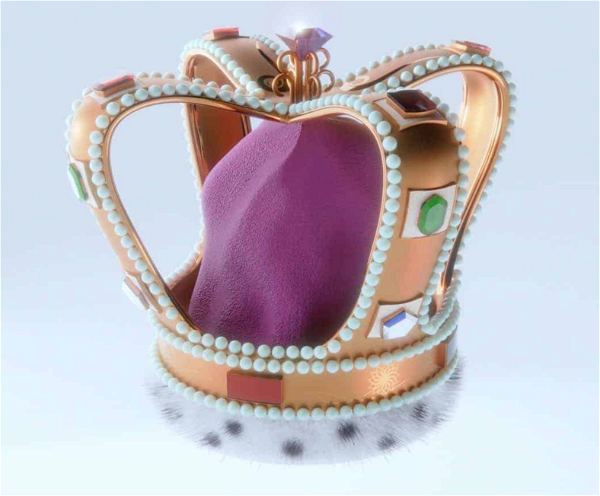 A detailed 3D illustration of an ornate crown decorated with jewels and a purple velvet interior, set against a light blue background.