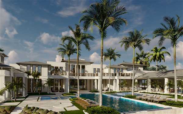 A luxurious modern mansion is surrounded by tall palm trees. The expansive property features large windows, a spacious balcony, and a lavish outdoor swimming pool with adjacent lounge chairs. The sky is clear with some scattered clouds.