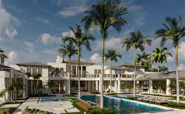 Luxurious modern villa with a large swimming pool, surrounded by palm trees and landscaped gardens, under a clear blue sky.