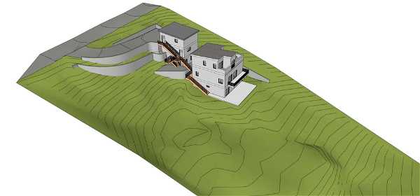 3D model of a two-story house situated on a sloped terrain with topographic contour lines. The house has stairs leading to different levels of the property and is surrounded by a green landscape indicating vegetation.