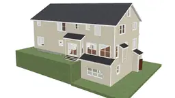 3D model of a two-story beige house with multiple windows and three small awnings. The house is placed on a green base, simulating a grassy area.