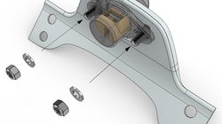 3D rendering of a mechanical part assembly showing a bracket with bolts, washers, and a central cylindrical component. Arrows indicate the insertion direction of the bolts through holes in the bracket.