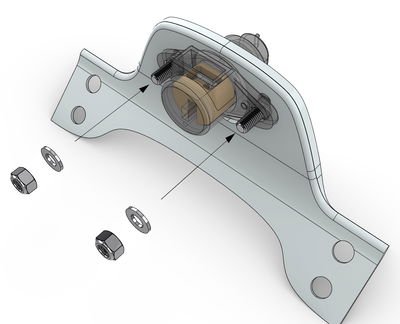 3D rendering of a mechanical part assembly showing a bracket with bolts, washers, and a central cylindrical component. Arrows indicate the insertion direction of the bolts through holes in the bracket.