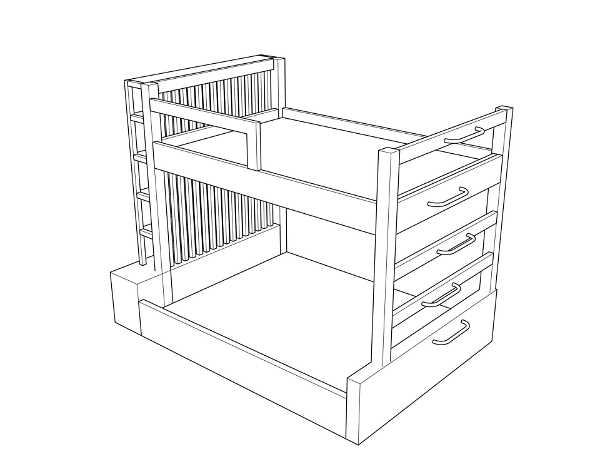 Line drawing of a bunk bed with three drawers on the side and a ladder with vertical slats at one end.