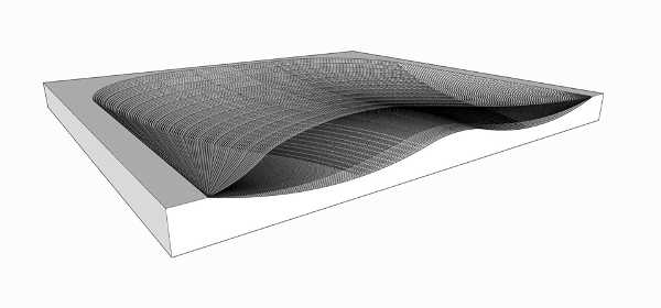 A 3D rendered model depicts a futuristic, curving mesh surface resting within a rectangular frame. The mesh appears to be made of a grid-like pattern of lines, and it forms a smooth, wavy shape as it stretches from edge to edge