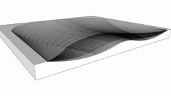 A 3D rendered model depicts a futuristic, curving mesh surface resting within a rectangular frame. The mesh appears to be made of a grid-like pattern of lines, and it forms a smooth, wavy shape as it stretches from edge to edge