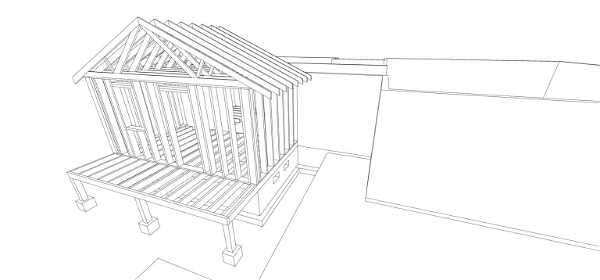 A wireframe architectural drawing of a small wooden house on stilts, featuring a gabled roof and an open frame structure. The house includes a raised platform and appears to be under construction with visible beams and supports. The surrounding area includes parts of other