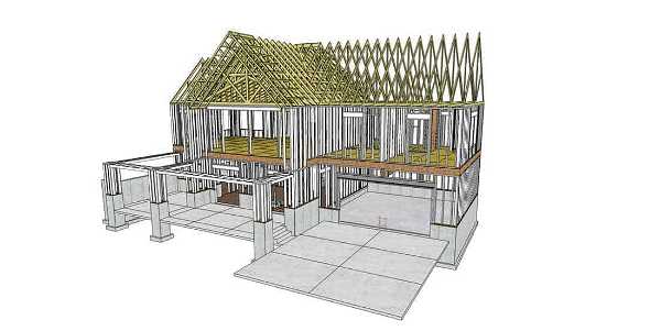 3D architectural model of a two-story structure with exposed wooden framework and trusses, showing open sections with visible beams and floor plans.