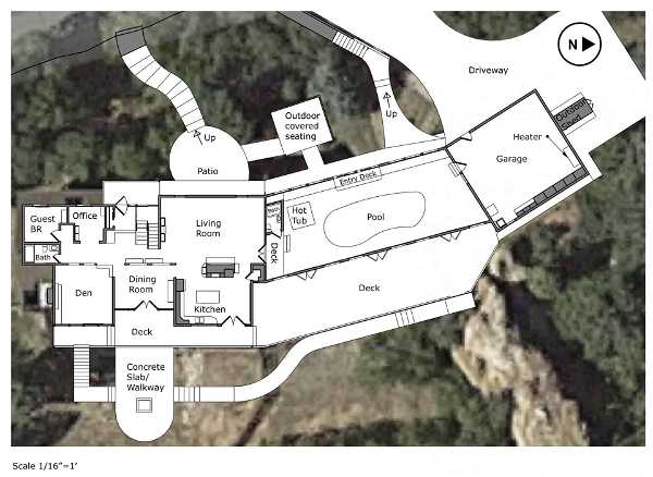 A detailed floor plan of a house featuring various rooms, outdoor areas, and amenities. The plan includes spaces labeled as Guest Bedroom, Office, Living Room, Dining Room, Kitchen, Bathroom, and Den. Outdoor areas include a Patio, Deck, Outdoor