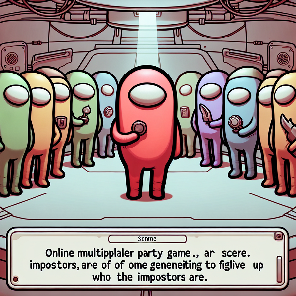 Colorful, blob-like characters with spacesuits stand in a spaceship. The central figure, red, holds up an object while a spotlight illuminates it. A garbled caption beneath reads: "Online multiplpler party game . . , ar scere