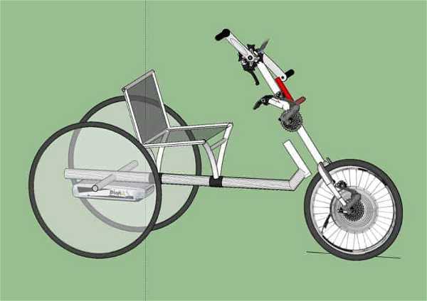 Illustration of a handbike designed for people with mobility impairments. It features a three-wheel layout with two large rear wheels and a smaller front wheel. The seat is inclined, supporting the user's back. Hand pedals are positioned in front of the seat