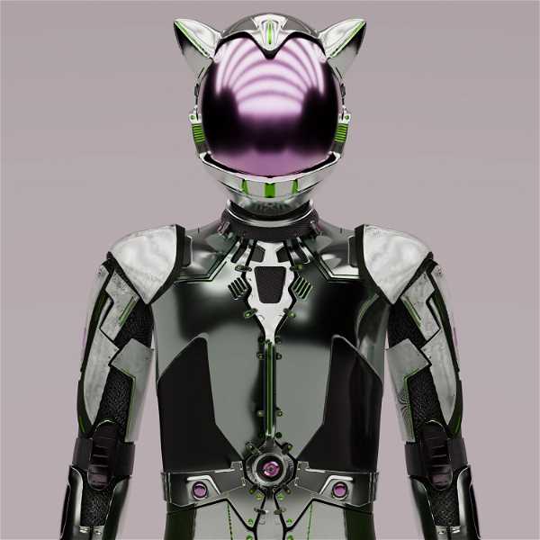 A sci-fi character wearing a futuristic exoskeleton suit with cat-like ears on the helmet and a reflective visor. The suit is metallic and features various intricate details and accents.