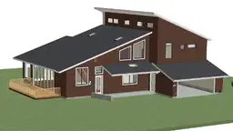 3D model of a modern two-story house with a slanted roof, large windows, a wooden deck, and an attached garage, situated on a grassy landscape.