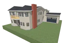 3D rendering of a two-story house with light-colored walls, a dark roof, and a prominent red brick chimney. The house features multiple windows, a small balcony at the front, and an attached garage. It is situated on a grassy platform.
