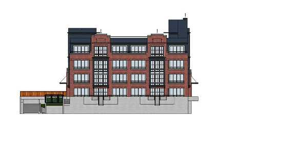 Architectural drawing of a mid-rise building with a predominantly red-brick facade. The building has four stories, evenly spaced windows, and a dark rooftop structure. The ground level includes an entrance area with glass and a side structure featuring exterior elements like fencing