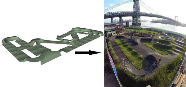 An image showing a 3D model of a pump track on the left and a real-world pump track on the right. The model features interconnected paths and curved sections, indicated by an arrow pointing to the photograph on the right, which depicts a constructed