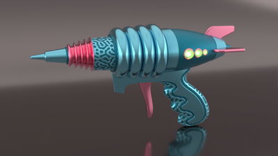 Retro-style toy ray gun with a blue and pink color scheme, featuring a spiral barrel and circular accents on the body, set against a neutral background.