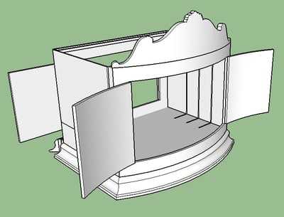 A 3D model of a small, open-front, rectangular stage with an ornate curved top and two side doors opening to reveal the interior. The base is a semi-circular platform. The structure is set against a green background.