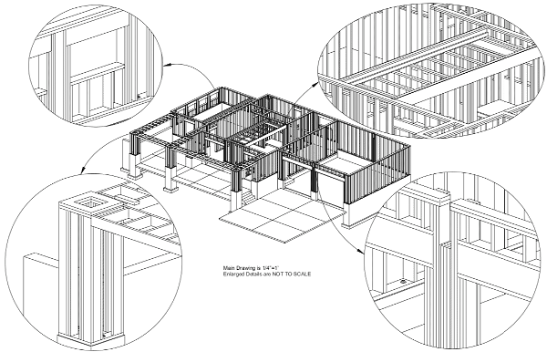 A technical drawing of a building framework is shown in the center, surrounded by four circular insets that zoom in on specific structural details. The detailed insets highlight connections, joints, and construction elements of the building's framework. A note at the bottom