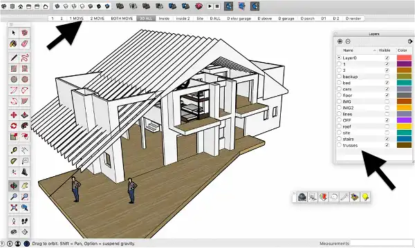 A 3D modeling software interface displaying a partially completed architectural model of a two-story house with multiple gabled roofs. Two black arrows indicate specific tools; the top arrow points to the "MOVE" tool in the menu bar, and the bottom arrow