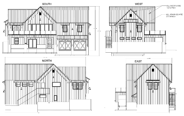 Architectural elevation drawings of a two-story house, showing views from the South, West, North, and East sides. The house features a pitched roof, several windows, and detailed notations about the roof and awning pitches. The Southern elevation includes