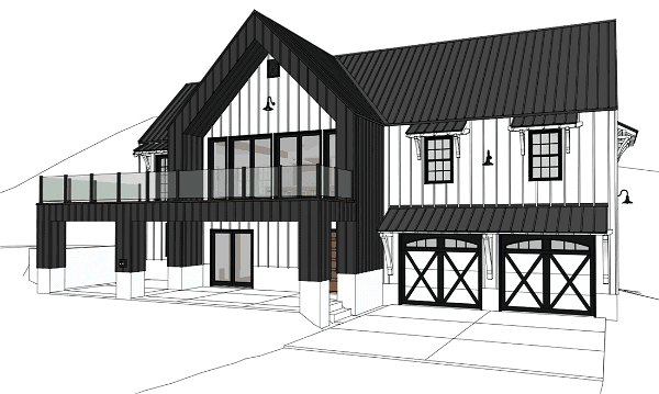 3D rendering of a modern farmhouse-style house with a combination of vertical and horizontal siding, large windows, a balcony with glass railing, and a two-car garage with barn-style doors.